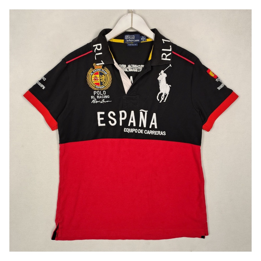 Polo Ralph Lauren RL Racing Team Espana Spain Black Red Polo Shirt Mens Medium